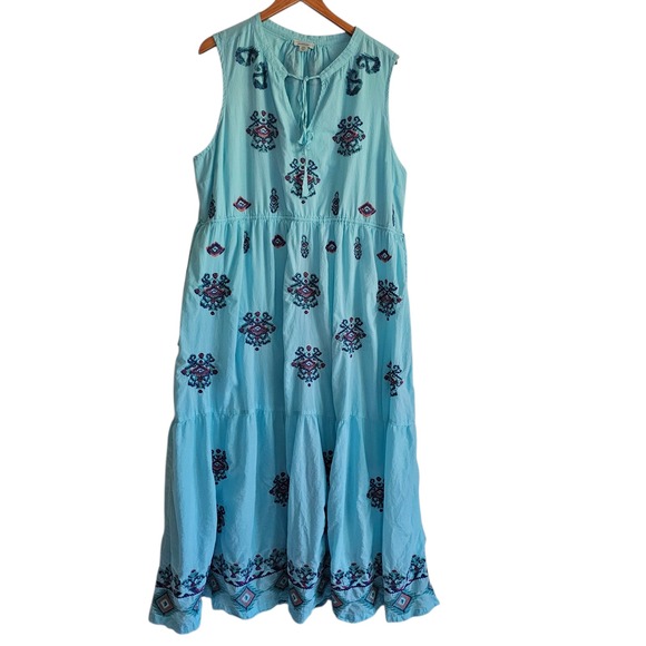 Sundance Blue Embroidered Boho Maxi Dress Sleeveless Summer Casual Plus XXL - Picture 4 of 14